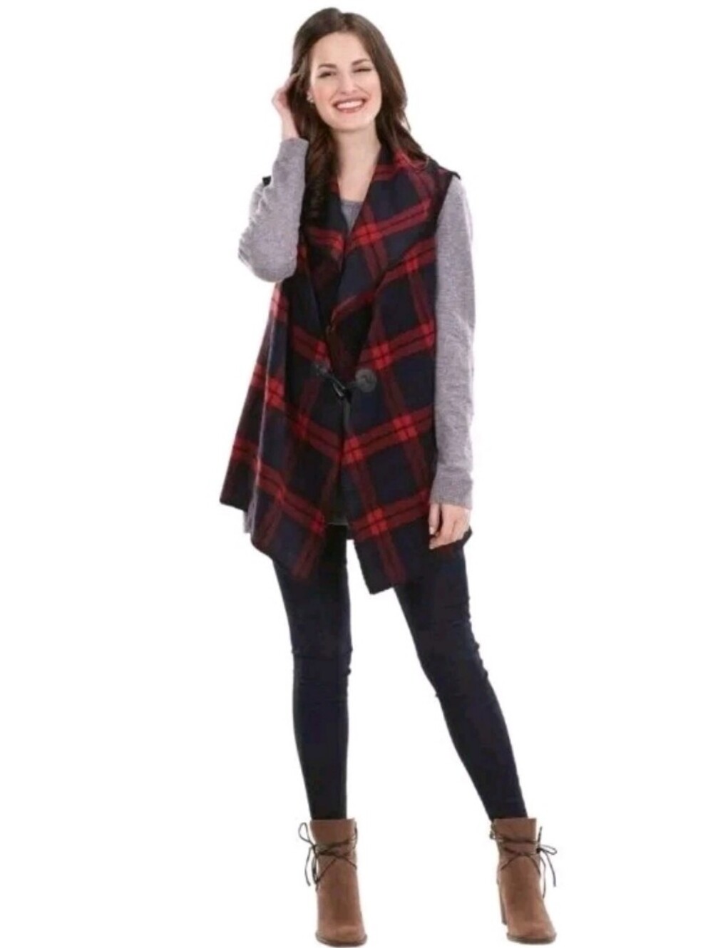 MudPie Red & Navy Plaid Hooded Sleeveless VestMud Pie Women's OS Fashion Berkle